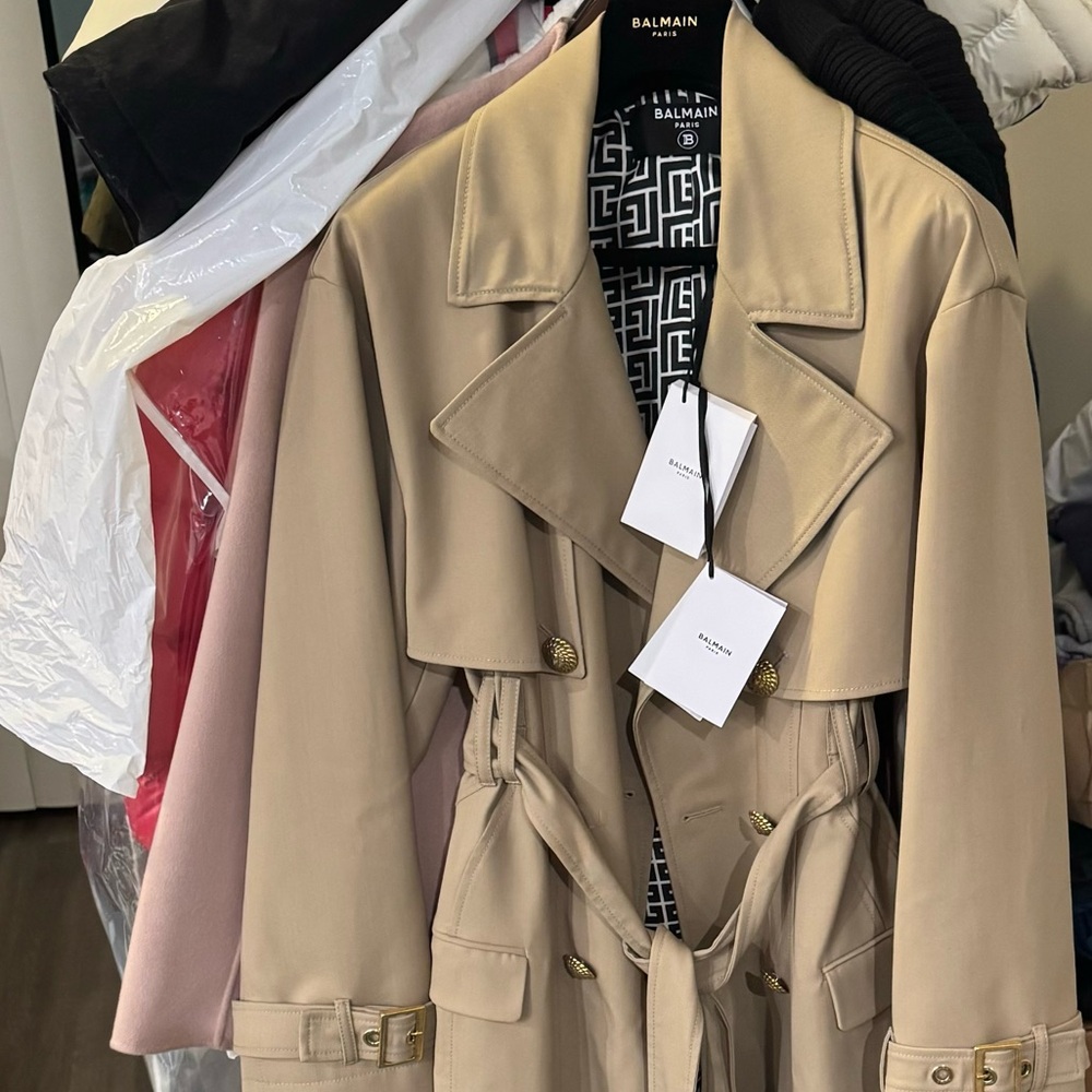 Balmain Gabardine Trench Coat in Sable - Picture 2 of 16